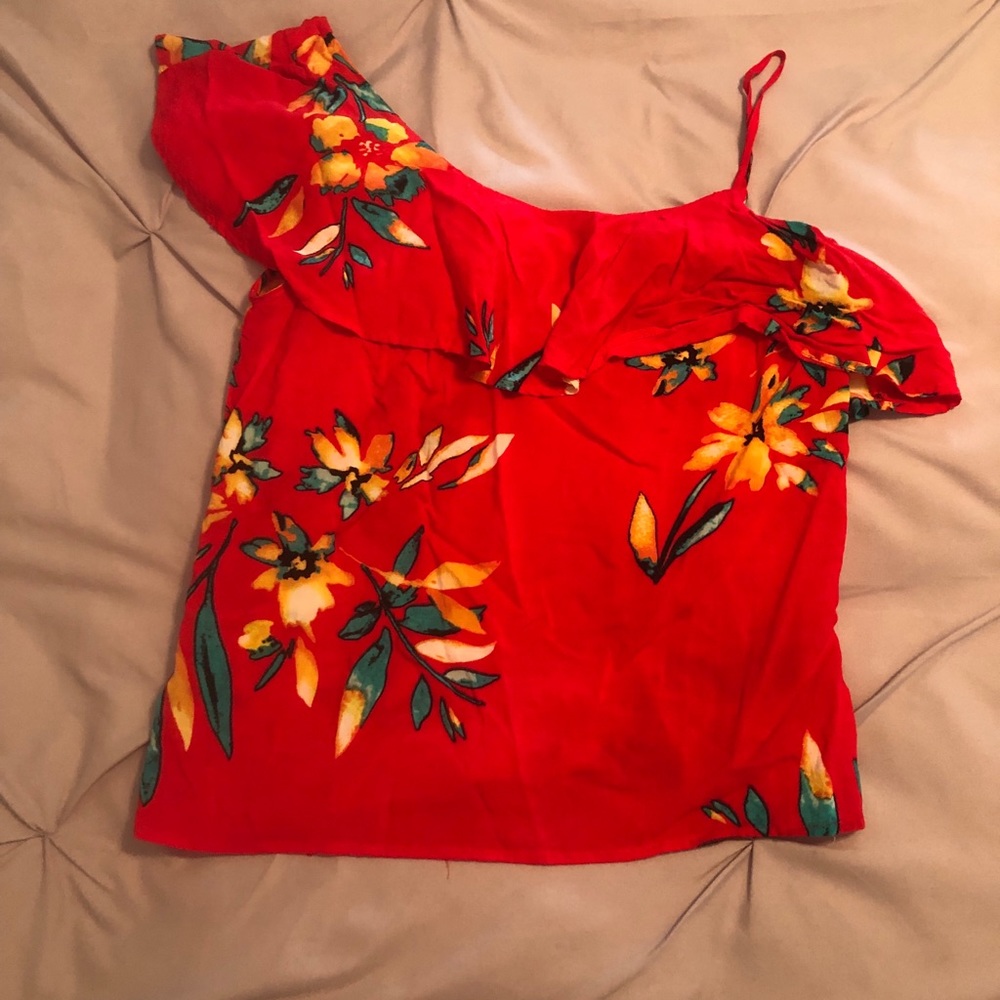 Red floral asymmetrical strap Express tank